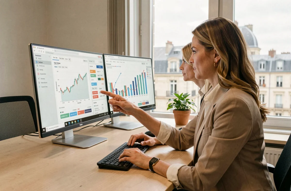 Conseillère d'Ace Crédit Caen Immoprêt analysant des taux hypothécaires avec un client calvadosien