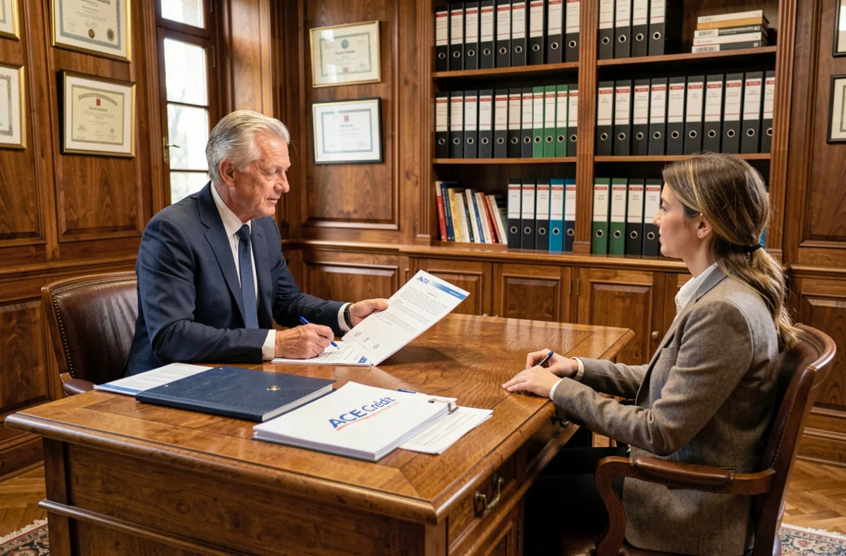 Courtier ACE Crédit Chartres présentant un dossier de financement immobilier à un couple dans un bureau classique