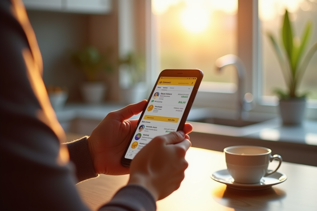 Personne achetant des tokens crypto sur Binance dans une cuisine lumineuse