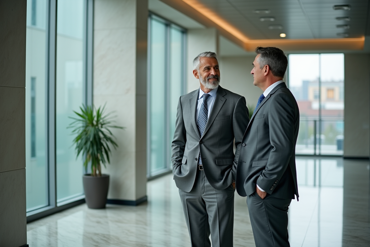 Agent d assurance discutant avec un client dans un lobby moderne