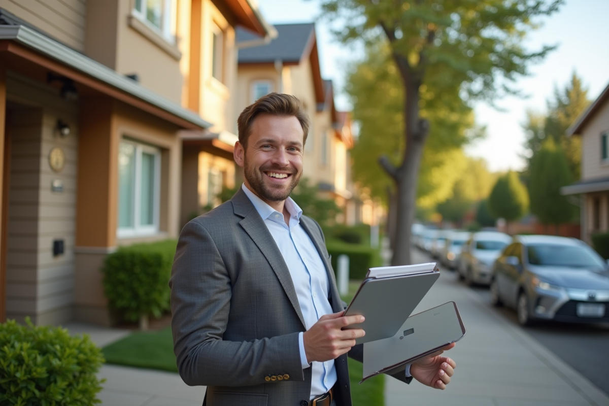 Agent immobilier inspectant un quartier avec une tablette en main
