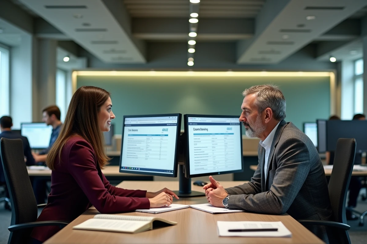Deux agents territoriaux collaborant sur la plateforme numérique CDC Net Banque des territoires dans un espace de travail administratif partagé