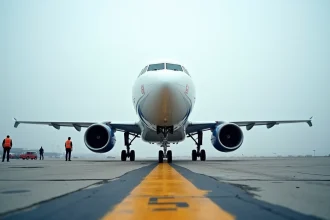 Avion Airbus A320 sur le tarmac d'un aéroport avec personnel de piste en veste haute visibilité lors d'une inspection pré-vol
