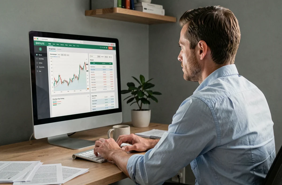 Homme analysant son compte Bourse Directe sur un écran d'ordinateur dans un bureau à domicile moderne
