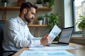 Homme analysant des graphiques ETF et des documents de fonds d'investissement sur un bureau à domicile