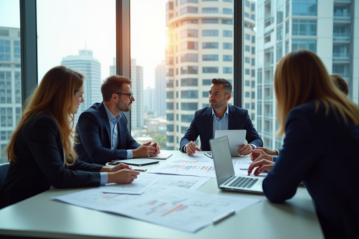 Groupe de professionnels analysant des plans immobiliers en réunion