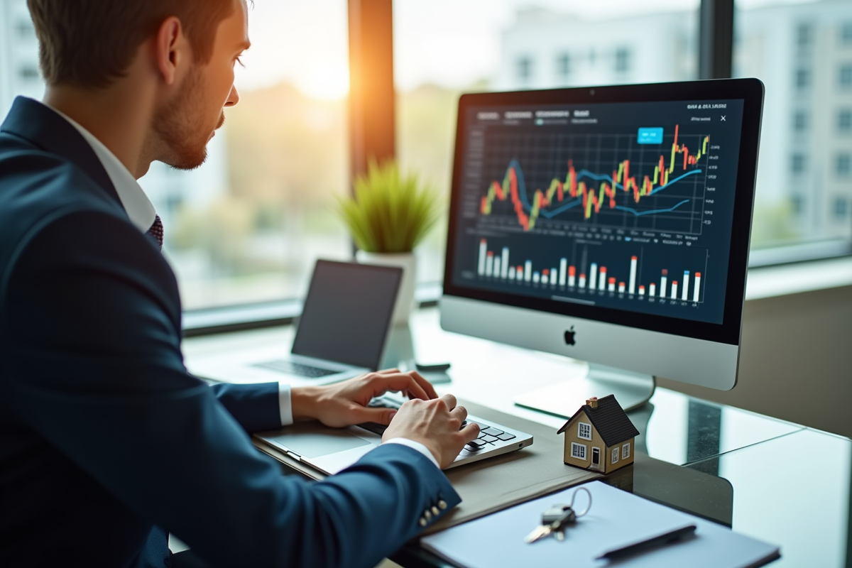 Personne habillée chic analysant des graphiques immobiliers sur un ordinateur portable