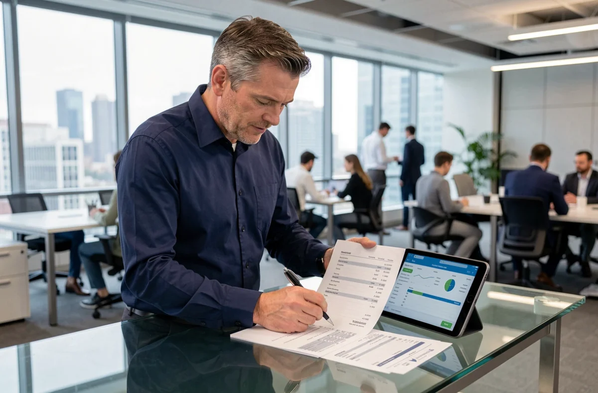 Homme en entreprise analysant un relevé bancaire imprimé avec libellés de transactions pour optimiser le suivi des dépenses