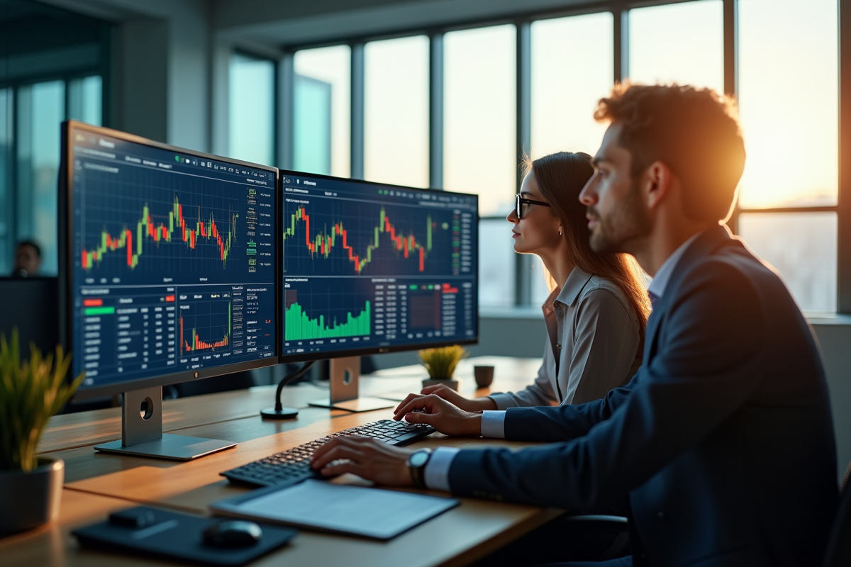 Businesswoman et businessman analysant graphiques boursiers et ETF sur écran