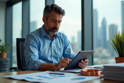Analyste en chemise bleue étudie graphiques cuivre sur tablette
