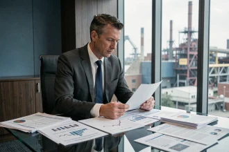 Analyste financier examinant des graphiques boursiers dans un bureau corporate moderne, évoquant les enjeux de retournement ou dilution pour Europlasma en 2026