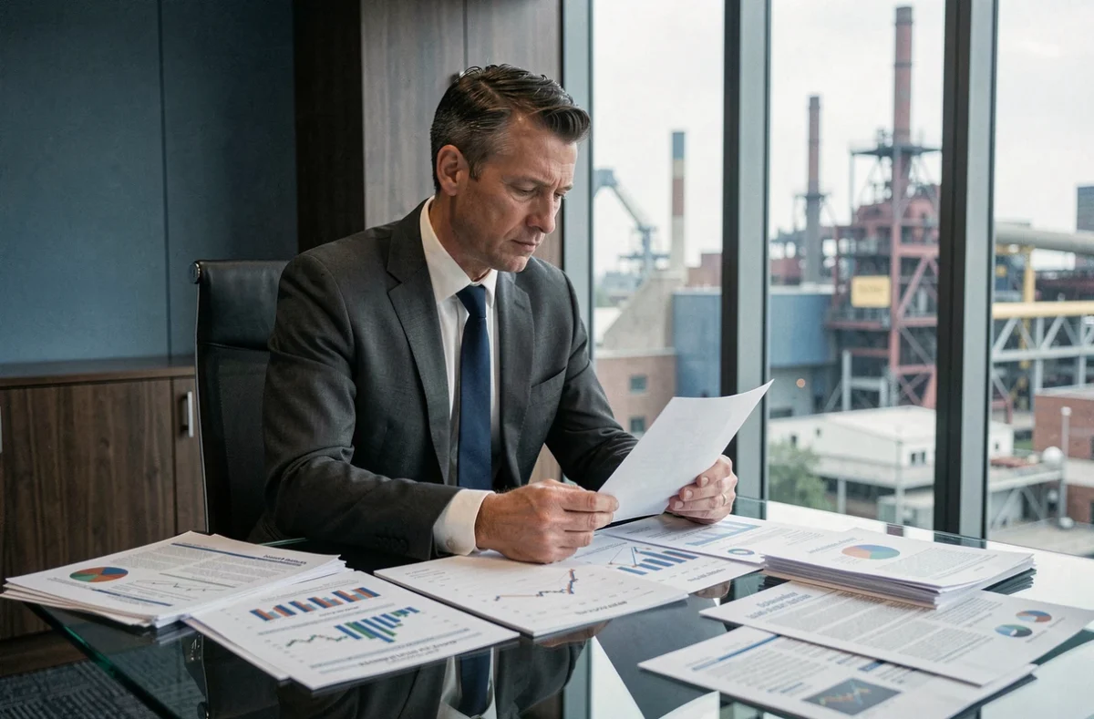 Analyste financier examinant des graphiques boursiers dans un bureau corporate moderne, évoquant les enjeux de retournement ou dilution pour Europlasma en 2026
