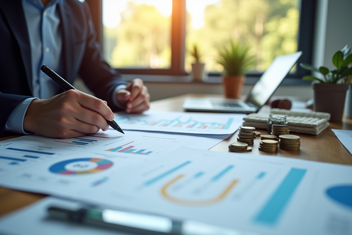 Professionnel analysant des graphiques financiers et documents avec drapeau français