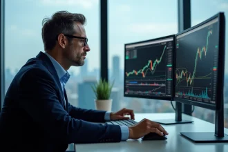 Analyste financier étudiant les prévisions boursières 2026 sur des écrans de trading en bureau