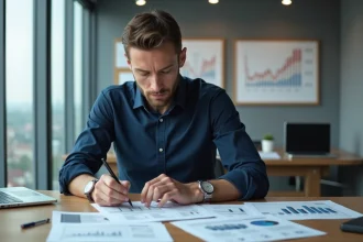 Analyste financier annotant des rapports boursiers sur une action industrielle comme Air Liquide avec un ordinateur affichant des graphiques de cours