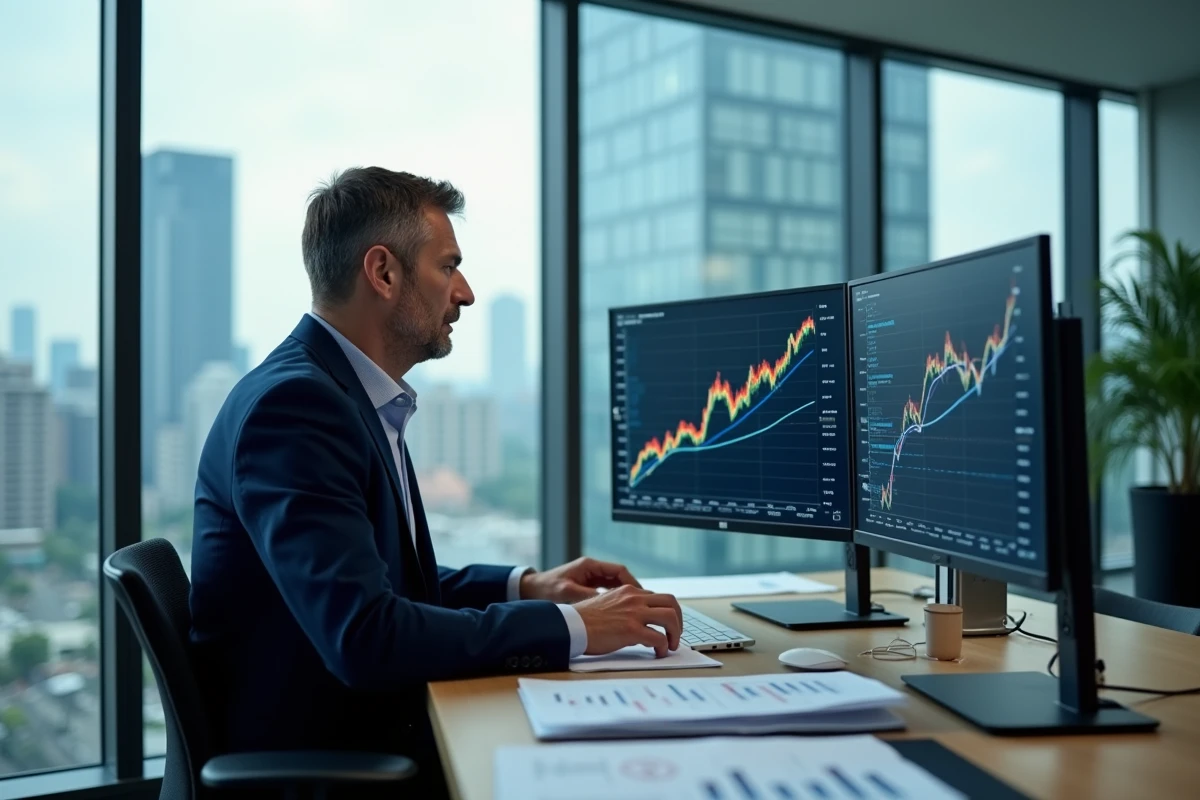 Analyste financier examinant des graphiques de performance du secteur aérien sur un poste de travail en bureau corporate