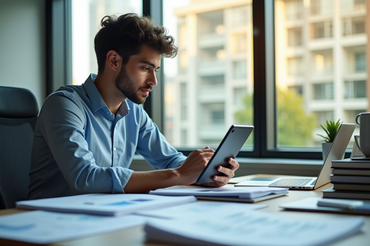 Jeune professionnel analysant des graphiques financiers sur une tablette