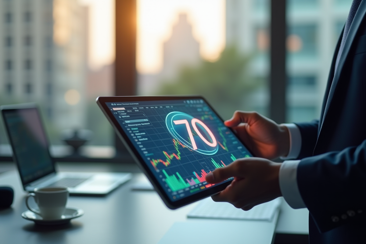 Main d'analyste financier tenant une tablette avec graphiques et 70 en surbrillance
