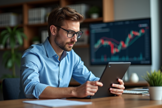 Jeune homme analysant des données sur une tablette dans un bureau moderne