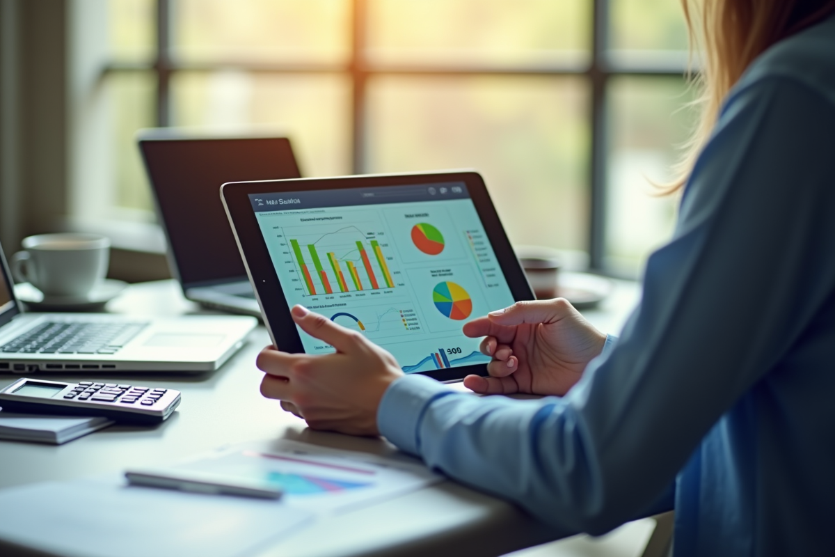 Analyste financier utilisant une tablette avec graphiques colorés