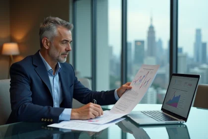 Homme d'affaires analysant des graphiques de taux d'intérêt CMS 10 ans dans un bureau moderne avec vue sur la ville