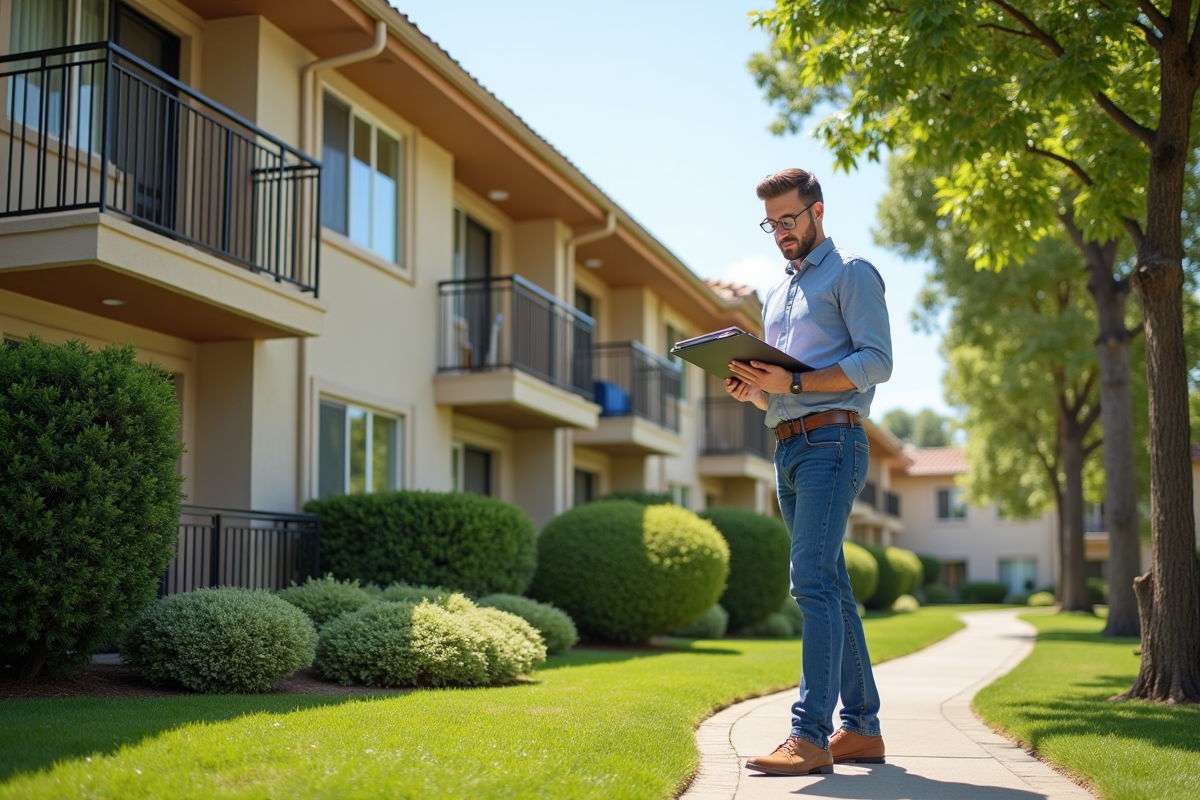 Immeuble bien entretenu avec un panneau a vendre et un professionnel inspectant la propriété