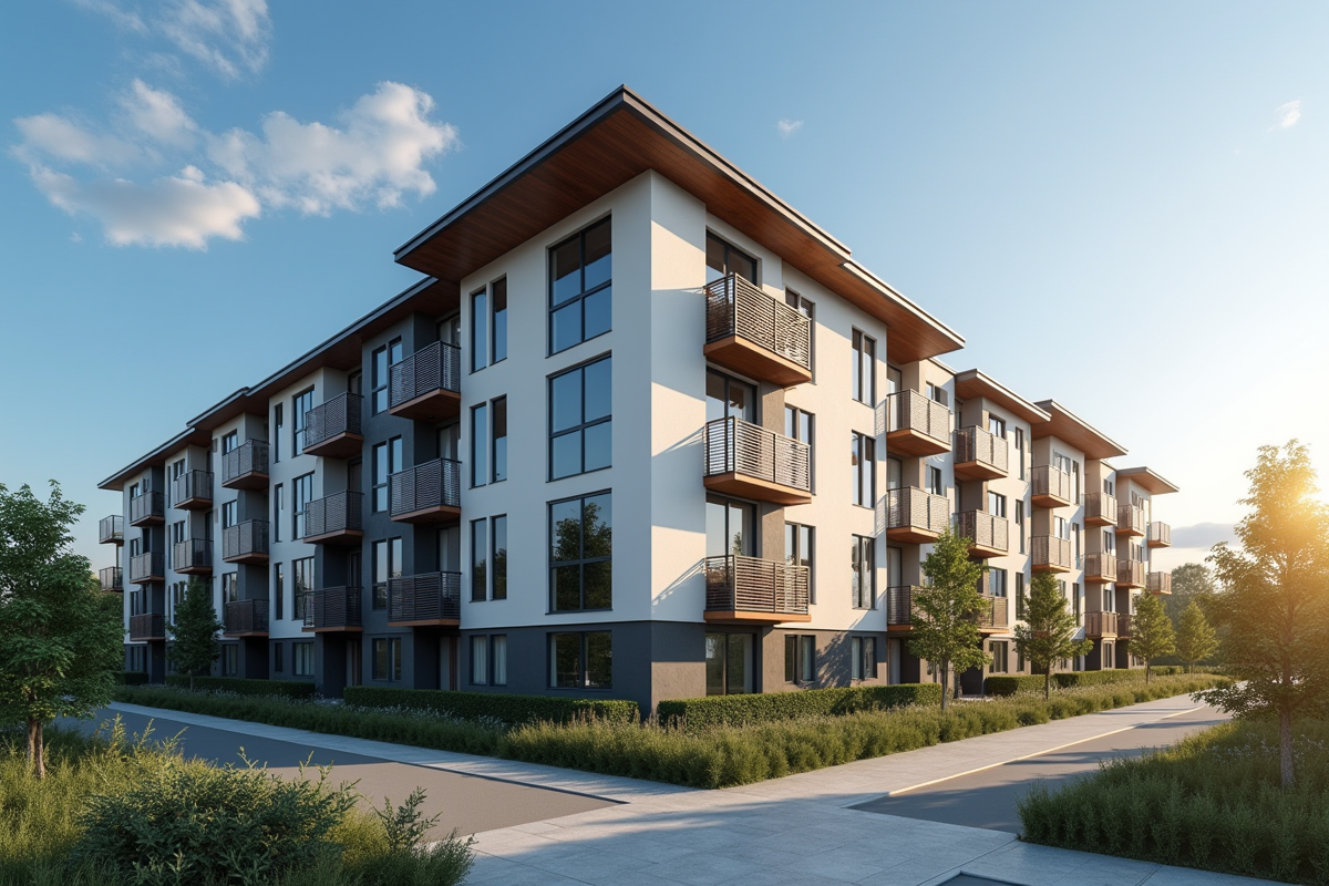 Immeuble moderne avec jardin et ciel bleu ensoleille