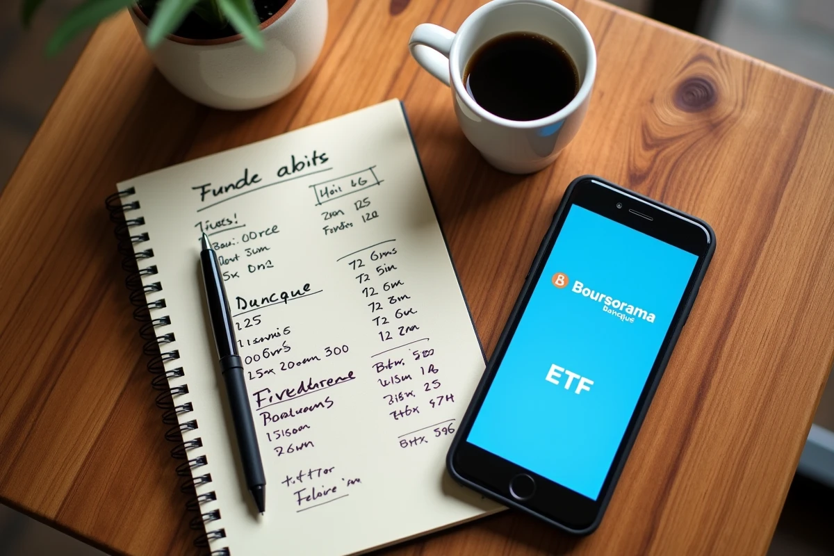 Smartphone affichant l'application Boursorama investissement posé sur une table de café à côté d'un carnet de notes financières