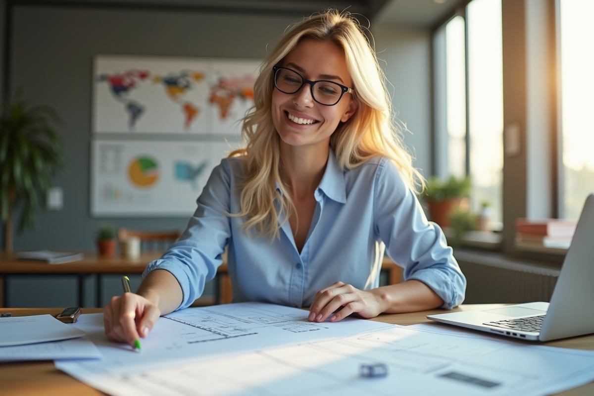 Architecte femme confiante dans un bureau moderne examinant des plans