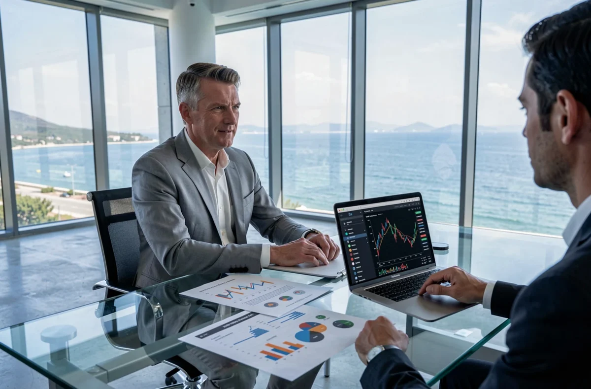 Un conseiller en investissements financiers d'Atelia dans le Var présente des graphiques financiers à un client lors d'une réunion
