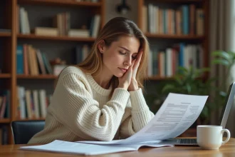 Auteure autoéditée analysant ses revenus de vente de livres Amazon sur son bureau à domicile