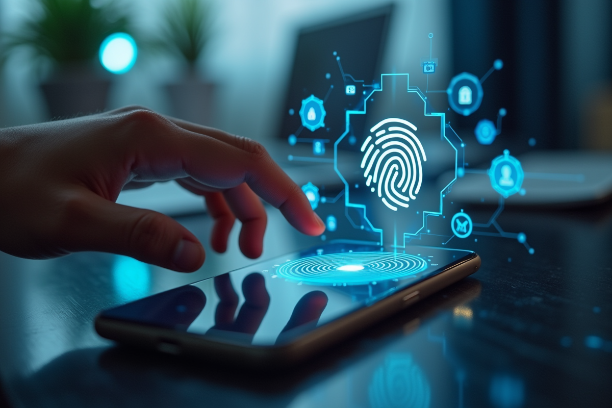 Main déverrouillant un smartphone avec empreinte digitale dans un bureau lumineux