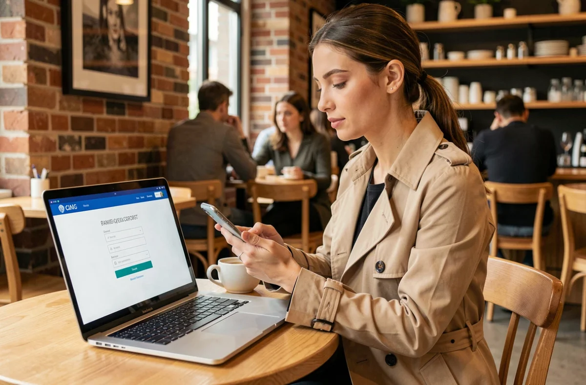 Jeune femme vérifiant une authentification à deux facteurs pour sécuriser ses opérations bancaires La Banque Postale dans un café