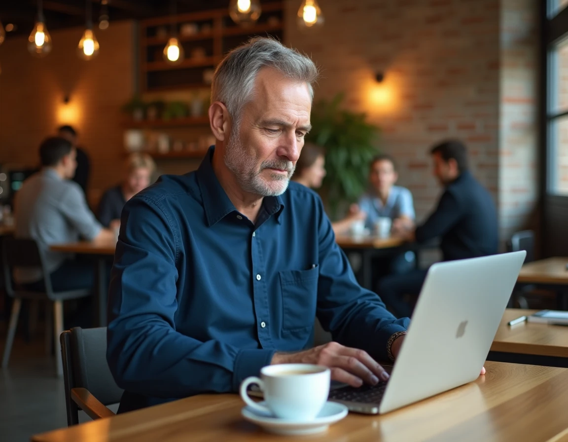 Auto-entrepreneur consultant ses obligations de paiement URSSAF sur son ordinateur portable dans un café