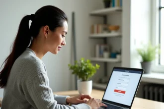 Auto-entrepreneuse payant ses cotisations URSSAF en ligne sur son ordinateur portable depuis son bureau à domicile