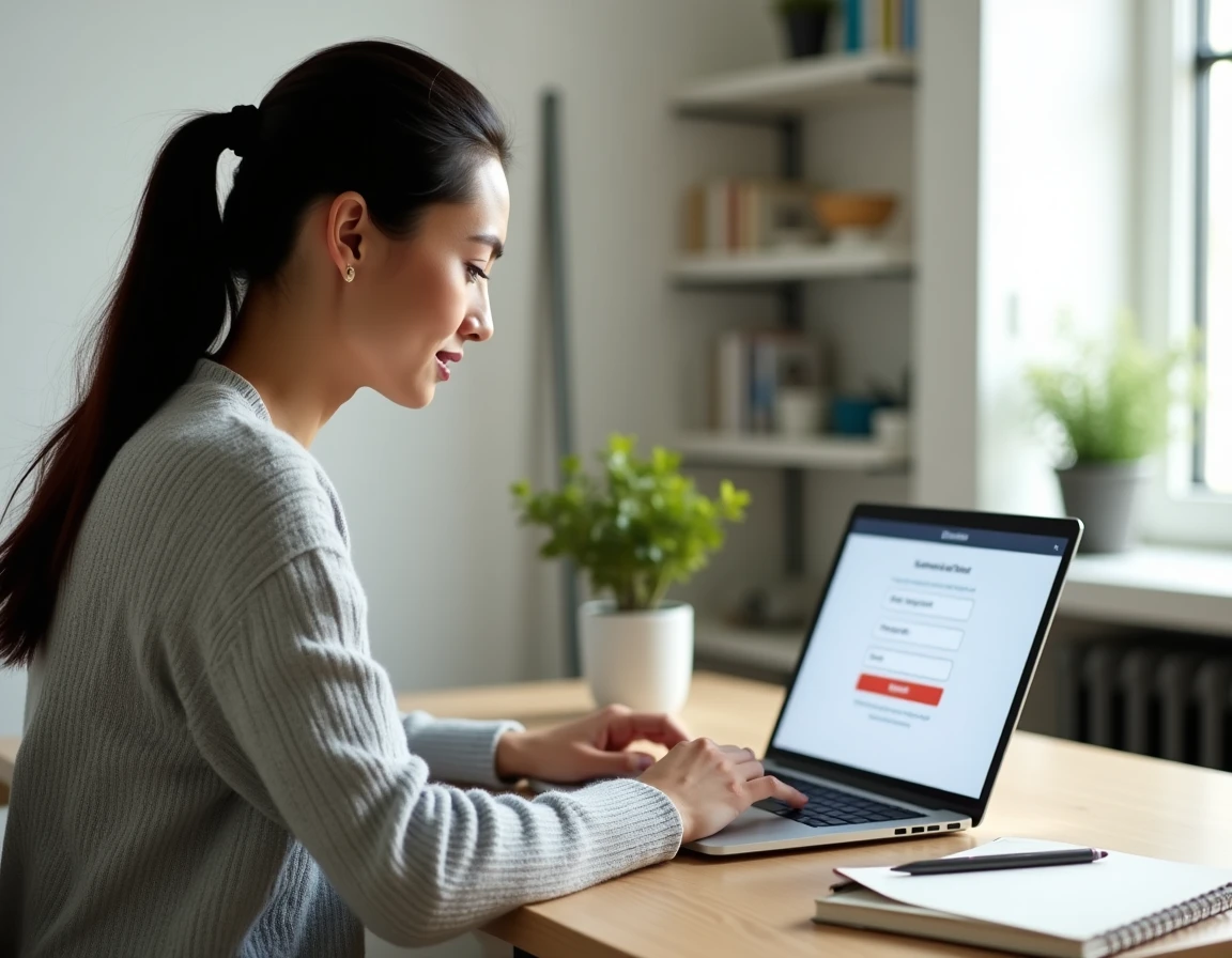 Auto-entrepreneuse payant ses cotisations URSSAF en ligne sur son ordinateur portable depuis son bureau à domicile
