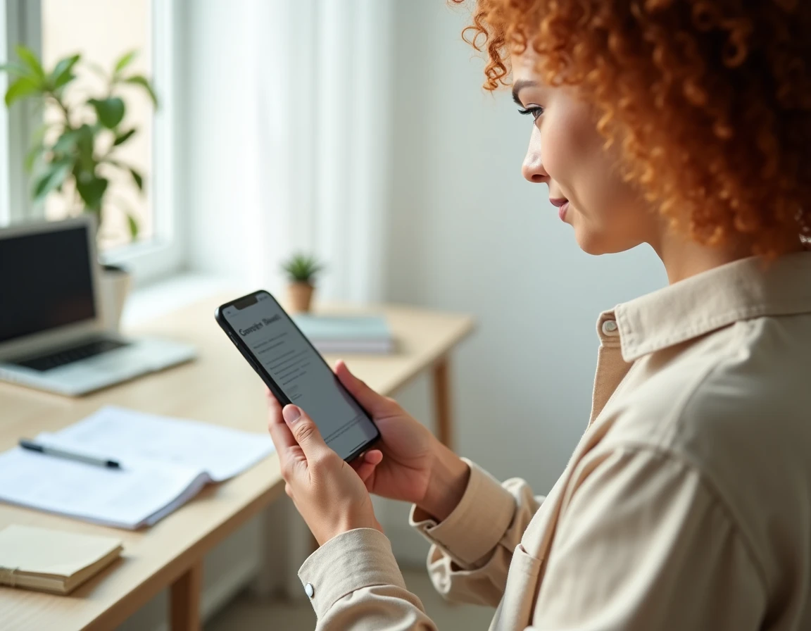 Jeune auto-entrepreneur vérifiant la confirmation de paiement URSSAF sur son smartphone dans un appartement moderne