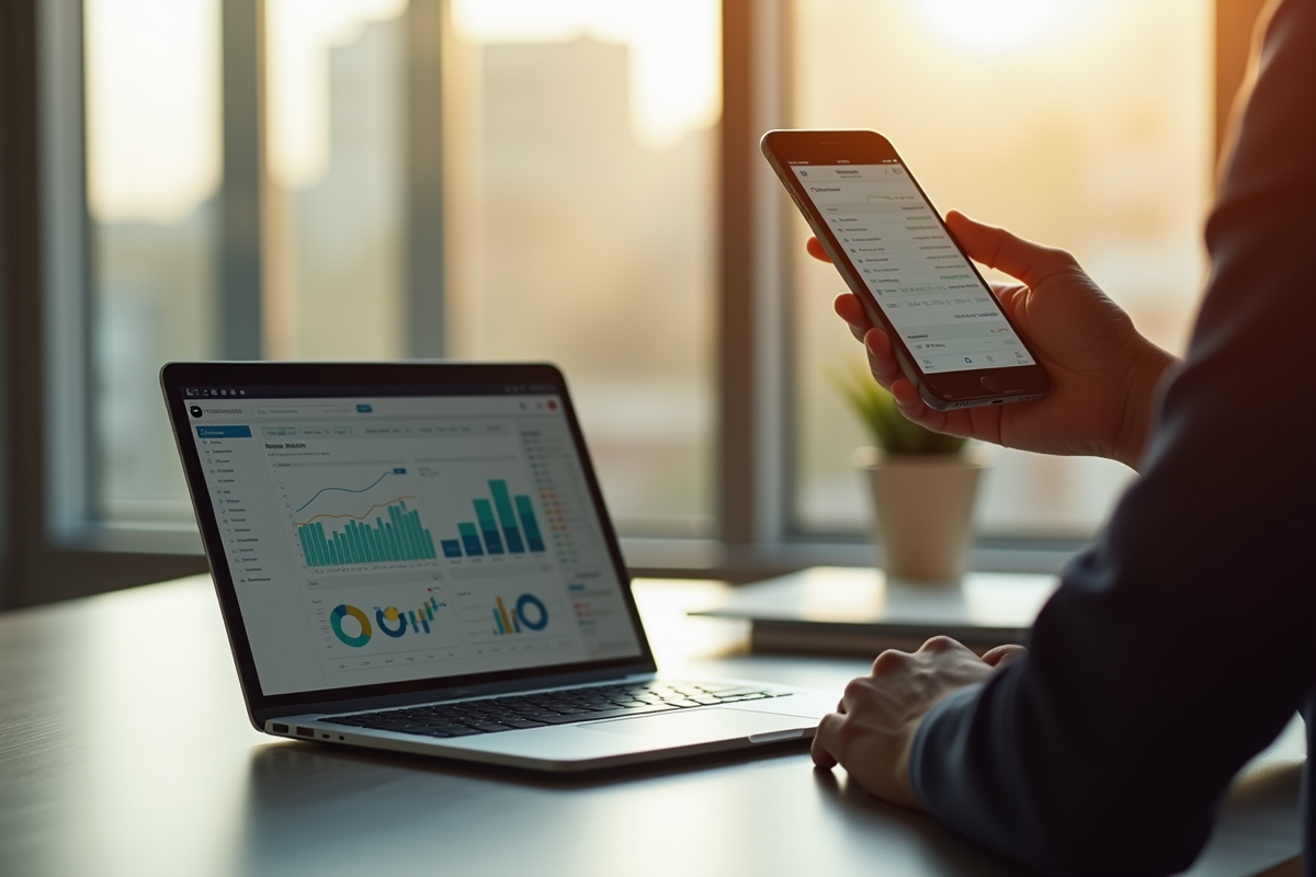 Professionnel utilisant une application bancaire sur smartphone dans un bureau lumineux