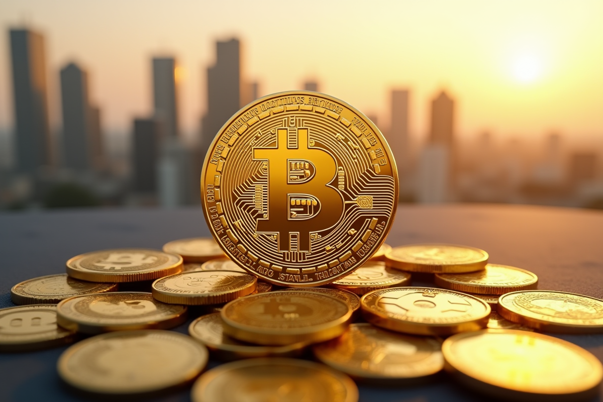 Bitcoin doré sur un tas de cryptomonnaies avec ville en arrière-plan