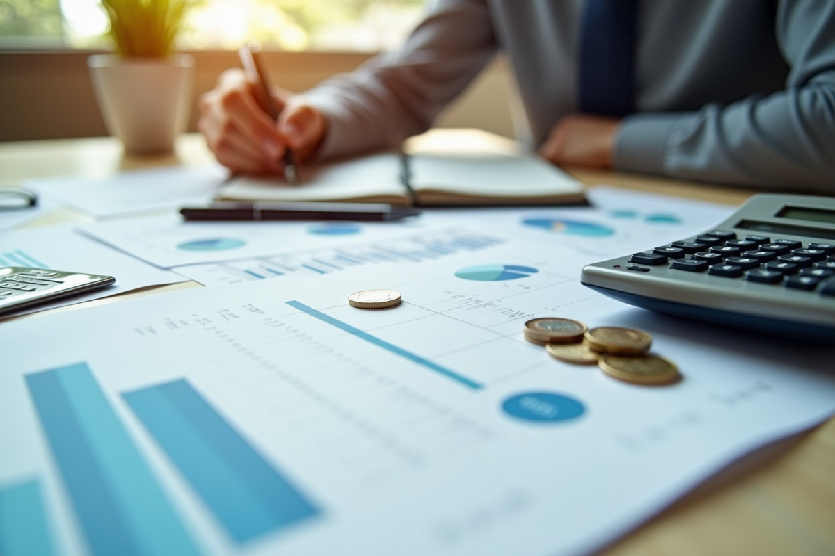 Bureau comptable avec papiers calculatrice et pièces d euro