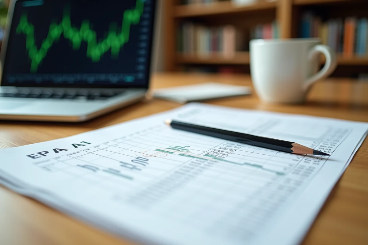 Vue rapprochée d'un bureau avec feuille de calcul EPA AI imprimée et graphique boursier sur ordinateur portable pour l'analyse du cours d'Air Liquide