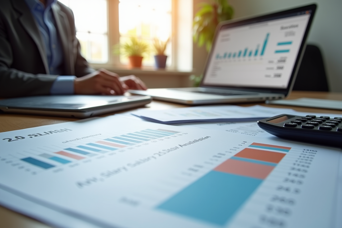 Bureau professionnel avec documents financiers et calculatrice