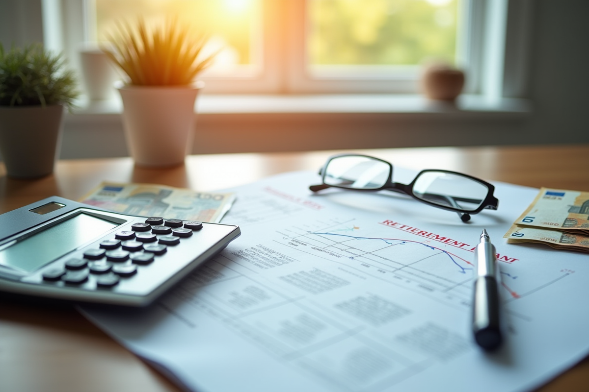 Bureau avec calculatrice et plan de retraite lumineux