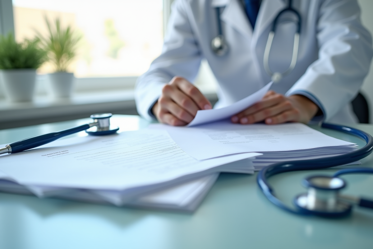 Bureau médical avec documents et stethoscope professionnel