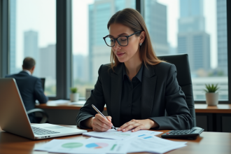 Femme d'affaires concentrée dans un bureau moderne