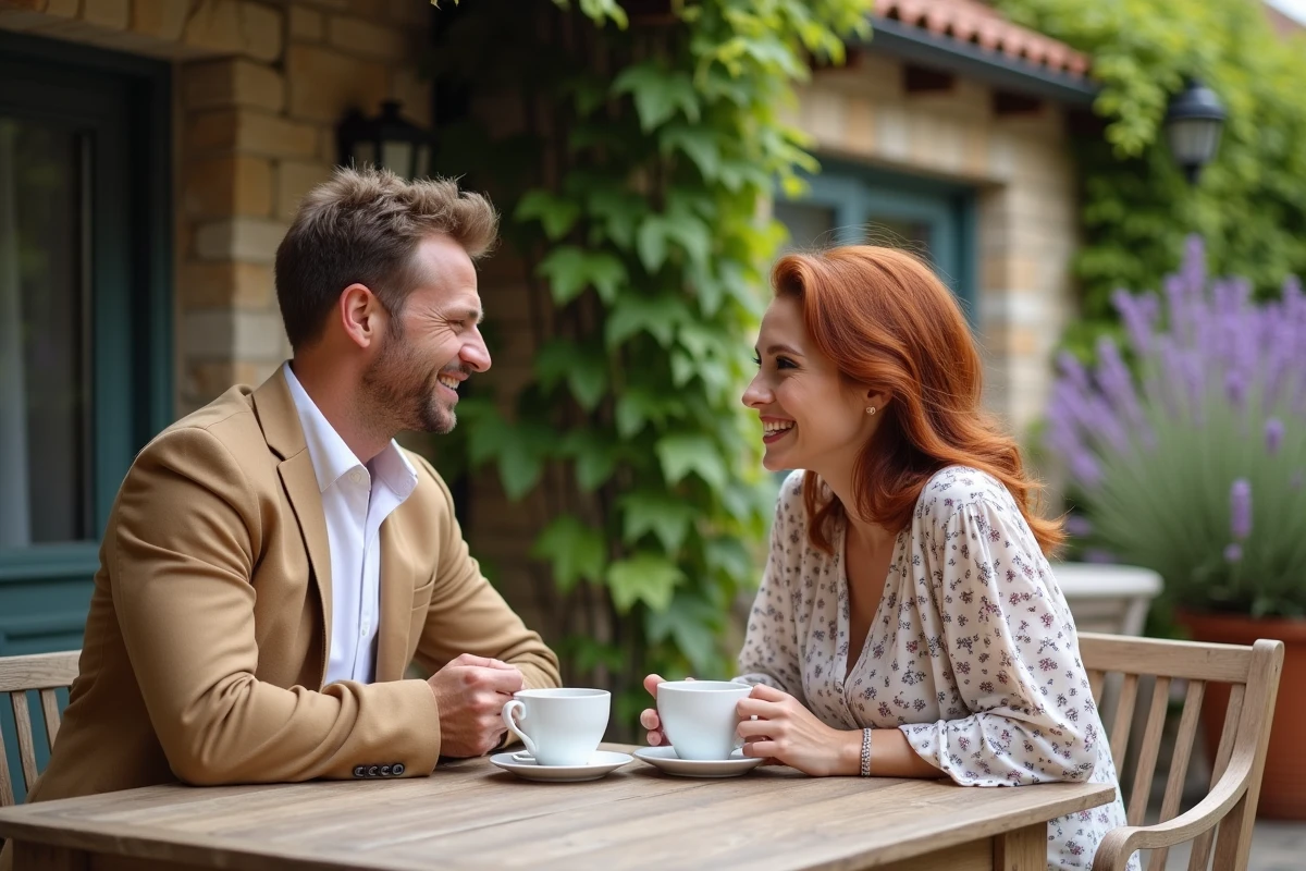 Couple souriant partageant un café en terrasse