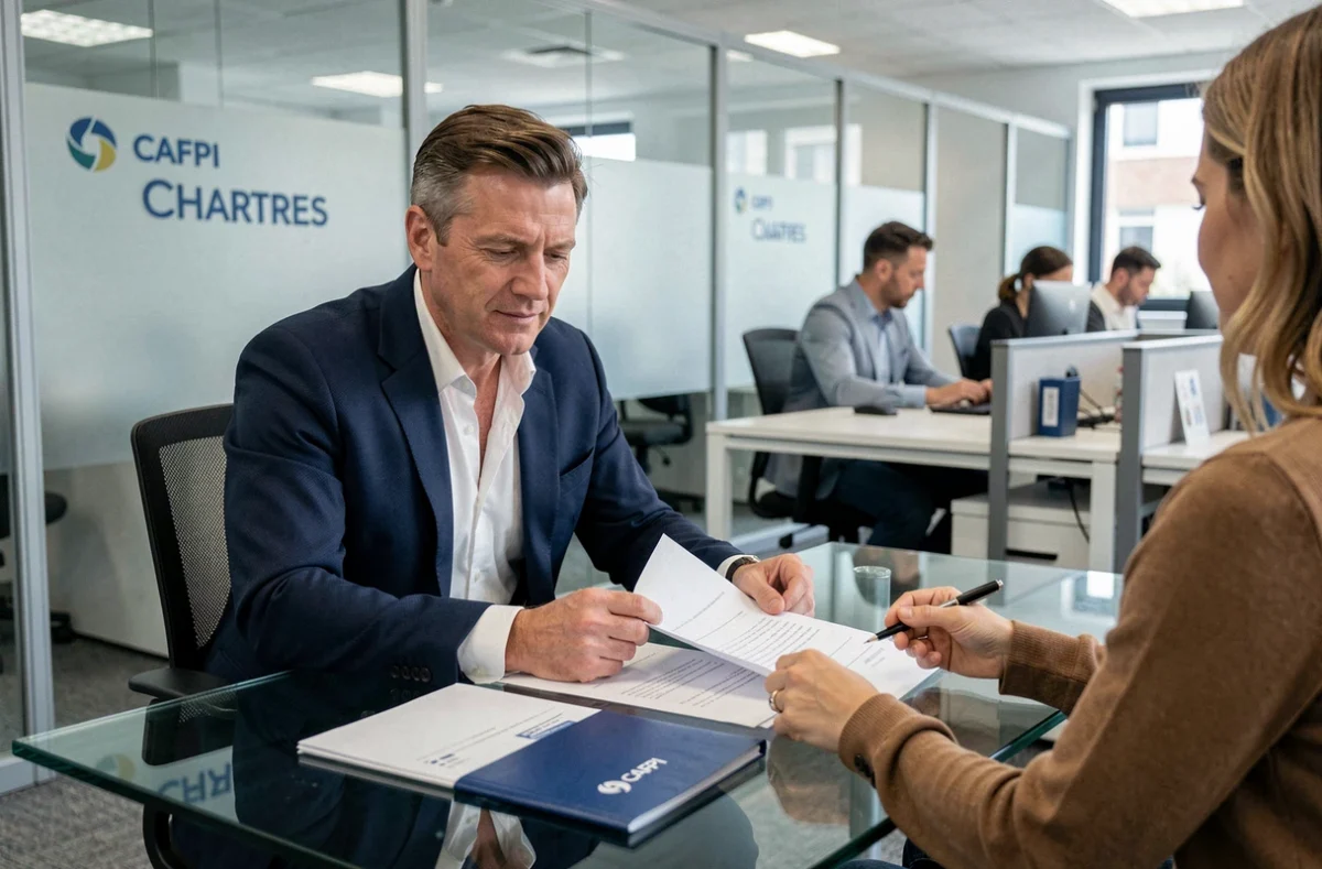 Conseiller CAFPI Chartres présentant des offres de crédit immobilier à des clients dans un bureau professionnel