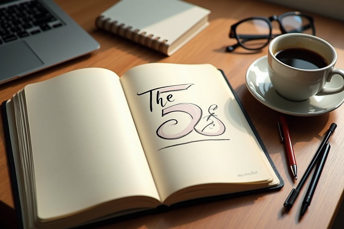 Cahier ouvert avec les 5 C écrits à la main sur un bureau