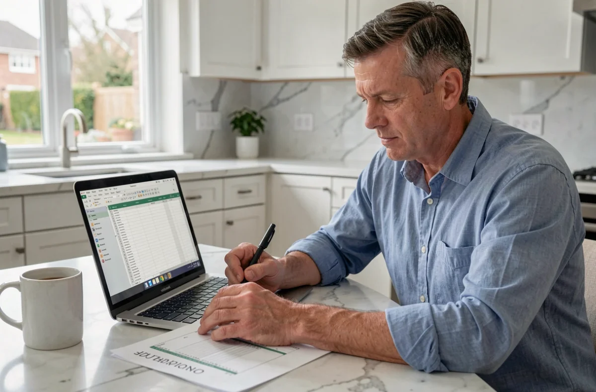 Homme calculant les frais annuels de tutelle sur ordinateur portable à la table de la cuisine familiale