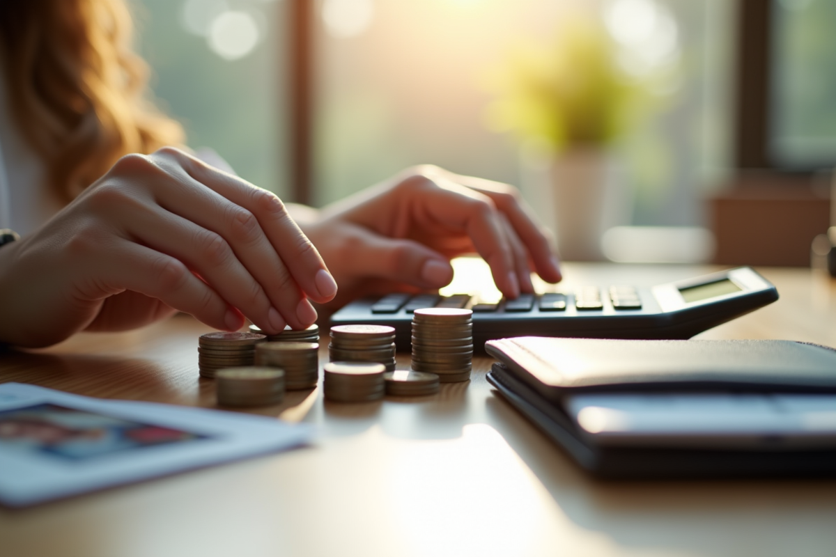 Mains utilisant une calculatrice avec pièces et portefeuille sur bureau en lumière naturelle